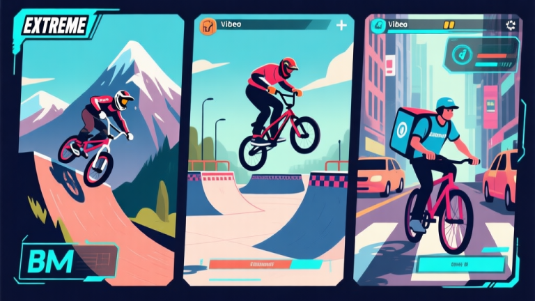 自动生成图片: Split-screen illustration showing three distinct extreme biker character archetypes in a video game menu: a downhill racer on a mountain, a freestyle BMX rider mid-trick in a skatepark, and an urban bike messenger weaving through city traffic, stylized with clean lines and a dynamic gaming HUD overlay high quality illustration, detailed, 16:9