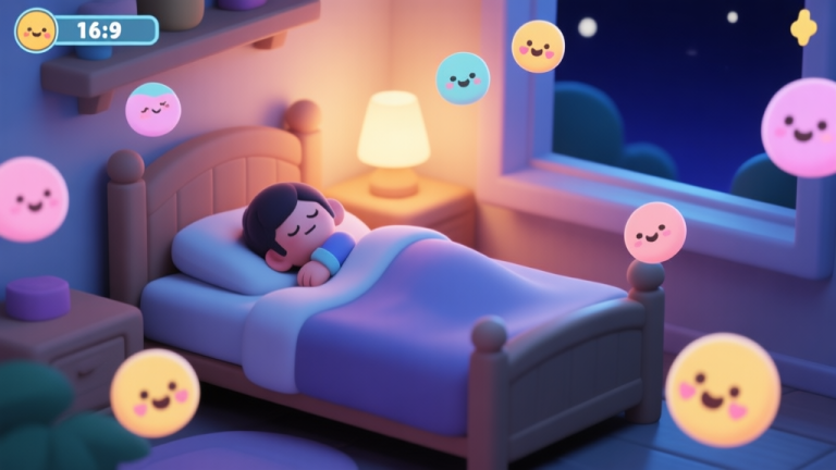 自动生成图片: A cozy, inviting game scene at night, with a virtual character sleeping in a soft bed inside a warmly lit room, surrounded by floating, cute emoji-like face icons in pastel colors, minimalist game art style high quality illustration, detailed, 16:9