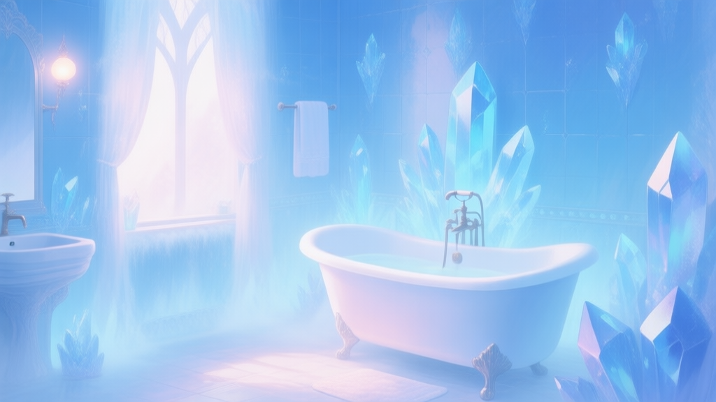 A serene and magical fantasy bathroom interior with crystalline blue walls, a frosted bathtub, soft glowing light, in a soft pastel color palette, digital painting style, ethereal and calm atmosphere high quality illustration, detailed, 16:9
