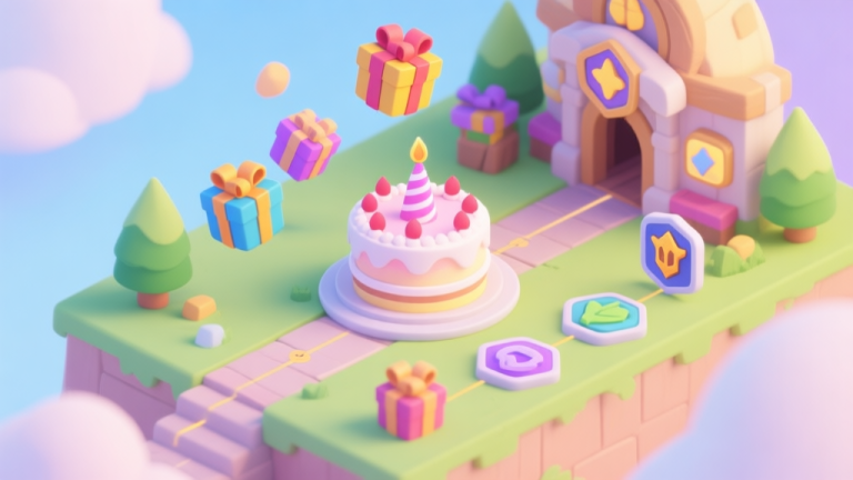 自动生成图片: A vibrant and inviting isometric illustration of a fantasy game event hub, with a central birthday cake, colorful gift boxes floating, and clear path markers leading to different quest icons, soft pastel color palette, digital art style high quality illustration, detailed, 16:9