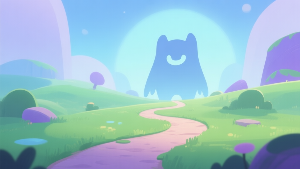 A welcoming, soft-lit digital landscape with a winding path leading towards a friendly, abstract creature silhouette, using a palette of gentle greens, blues, and purples, minimalist game environment style high quality illustration, detailed, 16:9