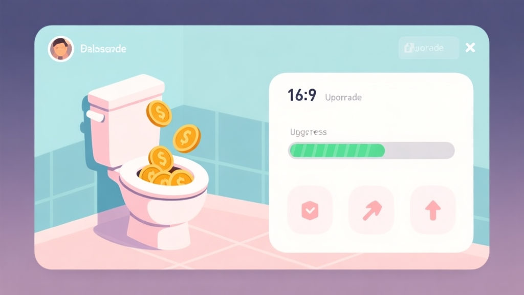 A minimalist game UI dashboard showing a cartoon toilet with coins popping out, a progress bar, and simple upgrade icons, soft pastel colors, clean flat design, digital illustration style high quality illustration, detailed, 16:9