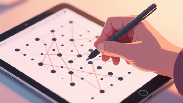 自动生成图片: A frustrated hand holding a stylus over a tablet screen showing a complex connect-the-dots puzzle with multiple intersecting potential lines, in a soft pastel color palette with warm lighting high quality illustration, detailed, 16:9