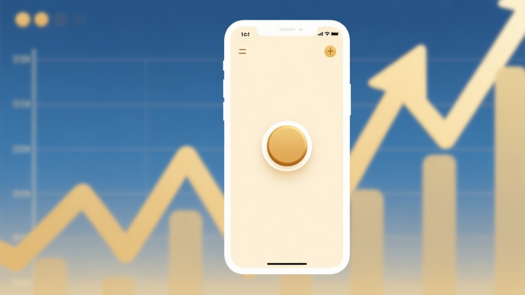 A minimalist smartphone screen showing a simple game interface with a large central button, upward trending graphs in the background, soft gold and blue color scheme, clean and inviting design high quality illustration, detailed, 16:9