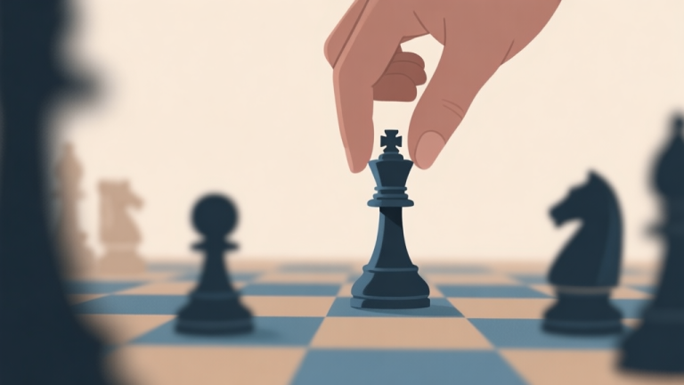 自动生成图片: A minimalist illustration of a chessboard seen from a player's perspective, one hand hovering over a knight piece, soft focus on the center, muted earth tones and blues, conveying focus and strategic thought high quality illustration, detailed, 16:9