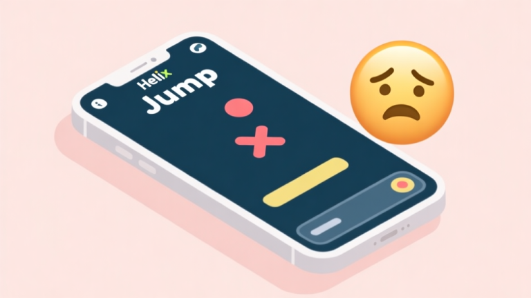 自动生成图片: A minimalist illustration of a smartphone screen showing a Helix Jump game in progress, with a frustrated emoji face on the side, soft pastel background, clean lines, flat design style high quality illustration, detailed, 16:9
