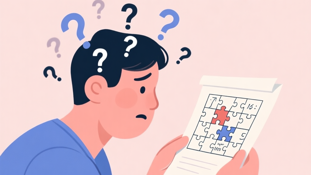 A person looking confused at a complex mathematical puzzle on a paper, with question marks floating around their head, soft pastel background, clean illustration style high quality illustration, detailed, 16:9