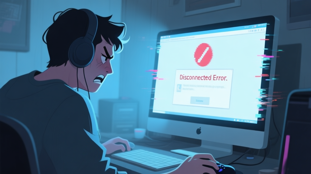 A frustrated gamer looking at a computer screen showing a disconnected error message in a dimly lit room, soft blue and gray color palette, digital art style with subtle glitch effects high quality illustration, detailed, 16:9