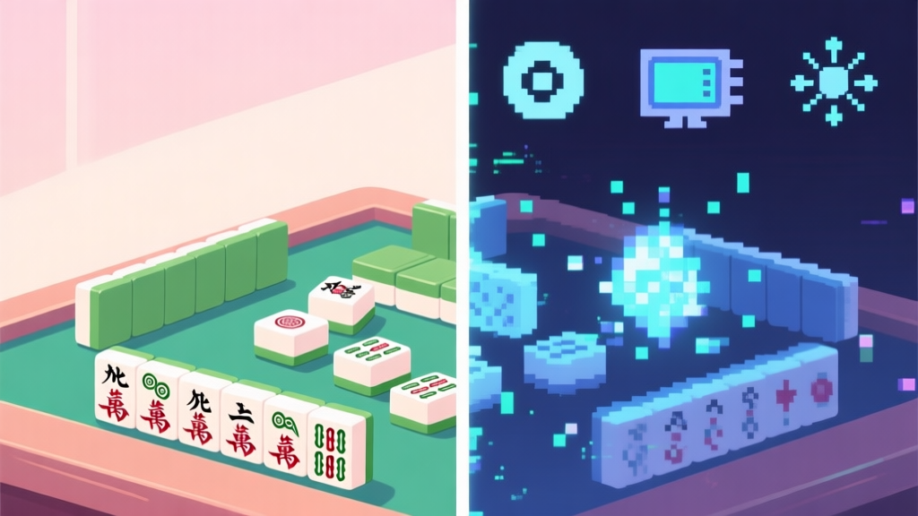 A split-screen illustration showing a smooth, beautiful Mahjong tile game on one side and a glitchy, pixelated, frozen game on the other, with icons representing browser, hardware, and network in the background, soft pastel colors, digital art style high quality illustration, detailed, 16:9