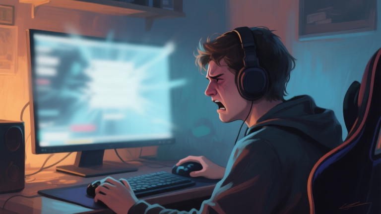 自动生成图片: A frustrated gamer looking at a blurry, laggy computer screen in a dimly lit room, soft warm and cool color contrast, digital painting style with gentle textures high quality illustration, detailed, 16:9