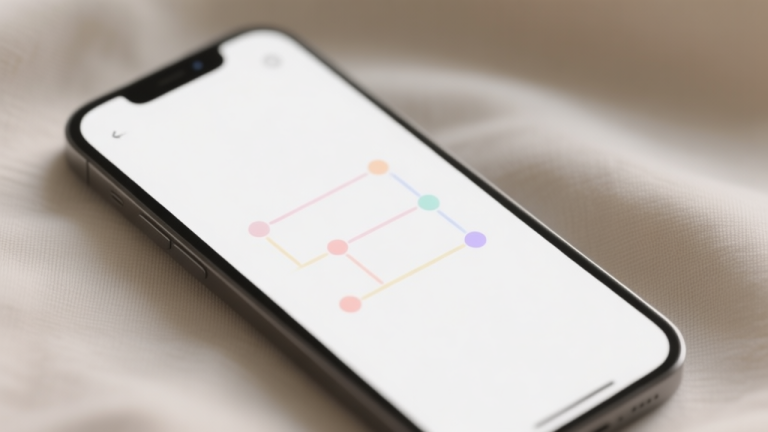 自动生成图片: A clean, minimalist smartphone screen showing a simple connect-the-dots puzzle with soft pastel lines and dots, resting on a neutral fabric background, soft lighting, calm and focused atmosphere high quality illustration, detailed, 16:9