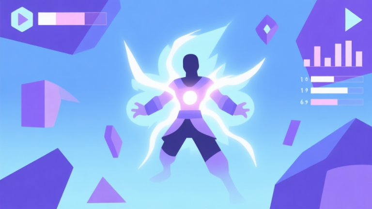 自动生成图片: A minimalist illustration of a video game character mid-transformation, glowing with soft energy, surrounded by abstract geometric shapes representing stats and power, in a calm blue and purple color scheme high quality illustration, detailed, 16:9