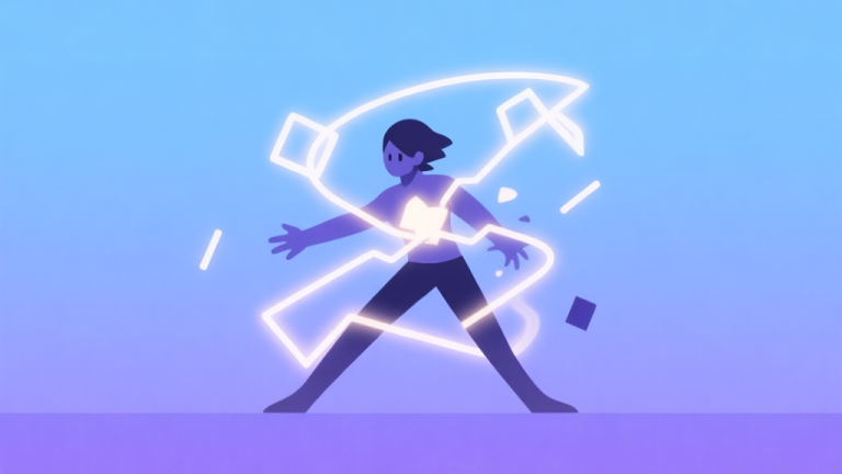 自动生成图片: A minimalist illustration of a game character mid-transformation, with soft glowing lines and geometric shapes representing change, on a calm gradient background of blue and purple, clean digital art style high quality illustration, detailed, 16:9