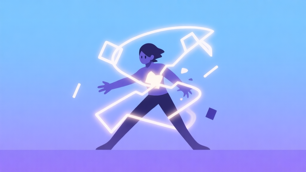 A minimalist illustration of a game character mid-transformation, with soft glowing lines and geometric shapes representing change, on a calm gradient background of blue and purple, clean digital art style high quality illustration, detailed, 16:9