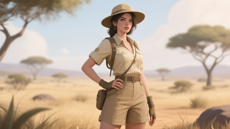 自动生成图片: A stylish female game character in a safari outfit, standing confidently in a virtual savanna, soft khaki and cream color palette, elegant and adventurous style, digital painting with soft lighting high quality illustration, detailed, 16:9