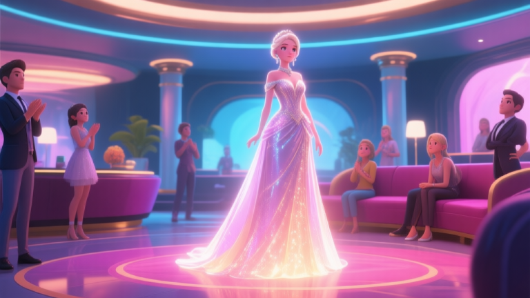 自动生成图片: A stunning, glowing video game character in a glamorous prom dress, standing in a vibrant virtual lobby, surrounded by other avatars looking in admiration, digital art style, soft lighting, elegant and exclusive atmosphere high quality illustration, detailed, 16:9
