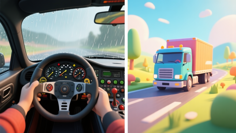 自动生成图片: Split-screen illustration contrasting two styles of vehicle simulation. Left side: a highly detailed, realistic cockpit view of a racing car with complex gauges and rain on the windshield. Right side: a colorful, third-person view of a truck driving through a stylized, sunny landscape. Soft lighting, clean composition. high quality illustration, detailed, 16:9