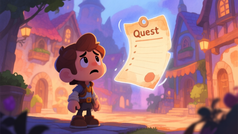 自动生成图片: A confused video game character standing in a vibrant fantasy town, looking at a vague quest log floating in the air, soft watercolor style, warm and mysterious lighting high quality illustration, detailed, 16:9