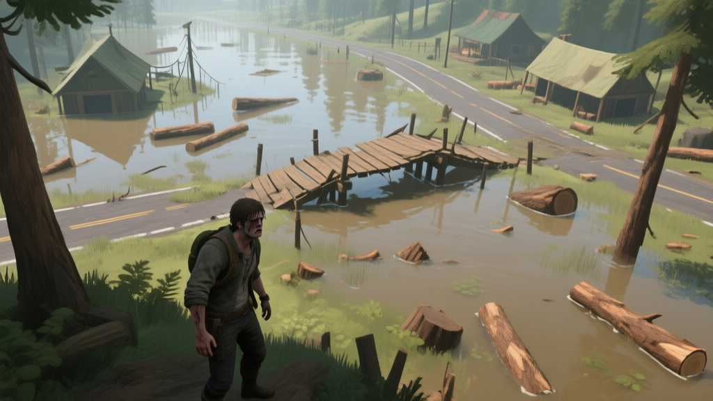 A top-down view of a flooded virtual logging camp in a survival game, showing submerged roads, floating logs, and broken wooden bridges, with a distressed character model in the foreground, soft natural color palette, digital painting style high quality illustration, detailed, 16:9