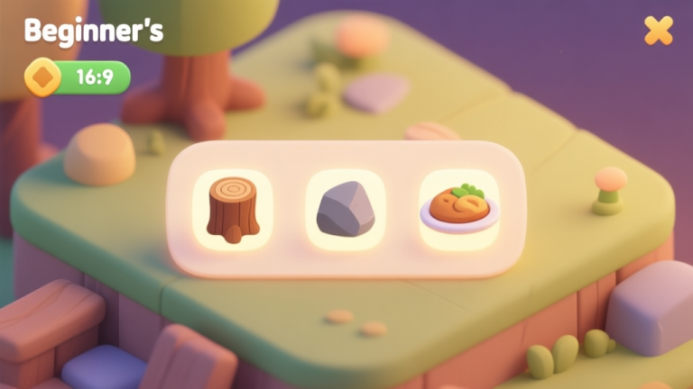 自动生成图片: A cozy, inviting digital scene of a beginner's game interface with simple icons for wood, stone, and food, soft glowing highlights, warm and gentle color palette, isometric view, clean and friendly design high quality illustration, detailed, 16:9