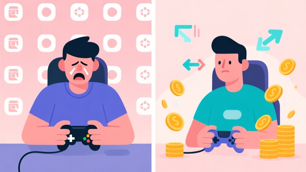 A split-screen illustration showing a frustrated gamer on one side with repetitive icons, and a calm gamer on the other side with automated arrows and coins flowing, in a soft pastel color scheme, clean digital art style high quality illustration, detailed, 16:9