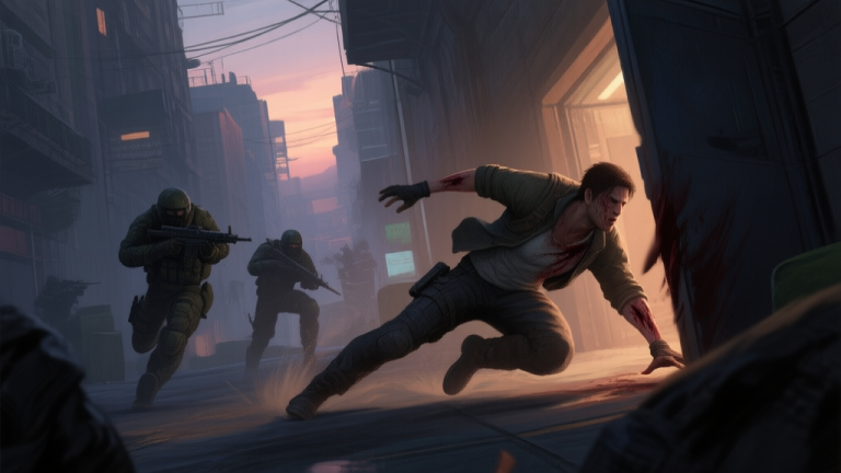 自动生成图片: Dramatic video game scene from a third-person perspective, a low-health character narrowly escaping an enemy patrol in a dense urban environment at dusk, using a swift sliding maneuver behind cover, dynamic action shot, soft lighting, digital painting style high quality illustration, detailed, 16:9