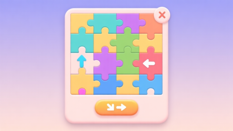 自动生成图片: A minimalist game interface showing a grid of colorful puzzle pieces, with a highlighted swap button and arrows indicating a color change, soft pastel color palette, clean and modern digital illustration high quality illustration, detailed, 16:9