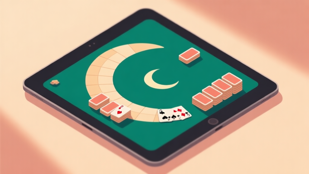 A top-down view of a Crescent Solitaire game layout on a digital tablet, showing the crescent-shaped tableau, foundation piles, and stock pile, with soft shadows and a warm, inviting color palette, minimalist game design style high quality illustration, detailed, 16:9