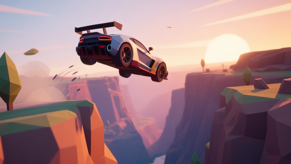 A dynamic 3D mobile game screenshot perspective, featuring a stylized sports car mid-air during a stunt jump over a canyon, soft sunset lighting, low-poly environment with vibrant yet muted colors, action-packed yet clean visual style high quality illustration, detailed, 16:9