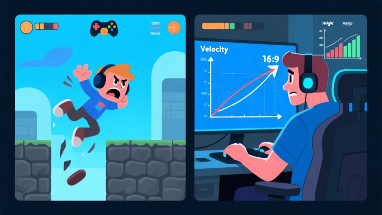 自动生成图片: Split-screen illustration contrasting a frustrated gamer with a character falling in a game on one side, and a confident gamer analyzing a trajectory diagram with graphs of velocity and height on the other, using a cool blue and dark grey color scheme, digital art style high quality illustration, detailed, 16:9