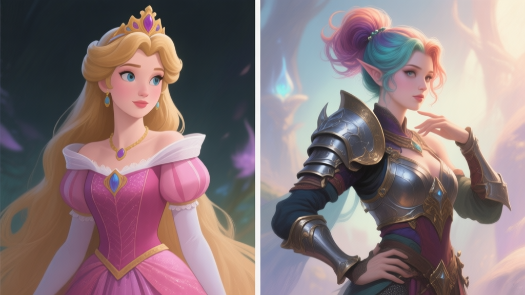 A split-screen illustration showing a generic fantasy princess character on the left, and a highly customized version of the same character with unique hairstyle, armor, and pose on the right, soft fantasy lighting, digital painting style high quality illustration, detailed, 16:9