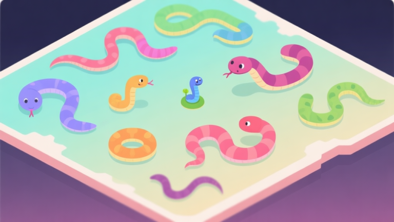 自动生成图片: A top-down view of a colorful digital game map with multiple snake-like creatures of different sizes and colors, one small and new among larger ones, on a soft gradient background, minimalist illustration style high quality illustration, detailed, 16:9