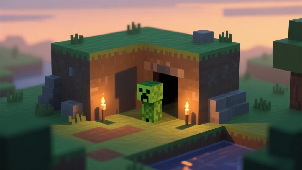 A serene but vulnerable beginner's base in a blocky world at dusk, with poorly placed torches casting long shadows, a creeper approaching from an unlit area, soft muted colors of green and brown, isometric view, digital painting style high quality illustration, detailed, 16:9