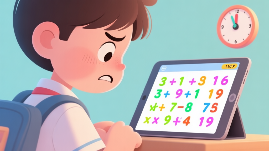 A frustrated young student looking at a tablet screen filled with colorful multiplication problems, with a timer counting down in the corner, cartoon style with soft colors high quality illustration, detailed, 16:9