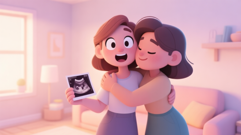 自动生成图片: A soft, pastel-colored illustration of two stylized female characters in a cozy virtual room, one looking surprised and happy, holding a small ultrasound image, the other offering a supportive hug. Warm, gentle lighting, minimalist game art style. high quality illustration, detailed, 16:9