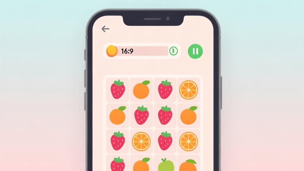 A welcoming and clean mobile game interface mockup showing colorful fruits like strawberries and oranges on a grid, with a simple score counter and a pause button, soft pastel background, minimalist design high quality illustration, detailed, 16:9