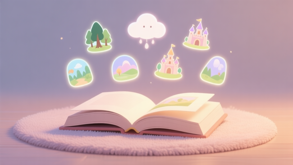 A cozy, warm illustration of a storybook open on a soft rug, with subtle glowing icons representing seven different fantasy landscapes (a forest, a cloud, a castle, etc.) floating above it, in a gentle pastel color palette, minimalist and inviting style high quality illustration, detailed, 16:9