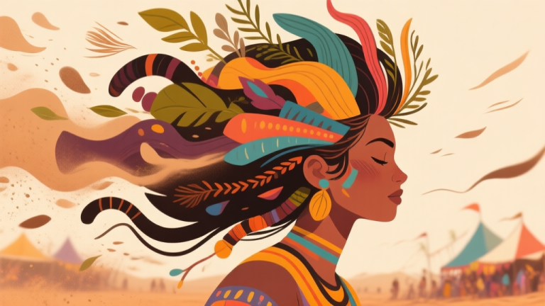 自动生成图片: A vibrant, artistic illustration of diverse festival hairstyles merging with natural elements like wind and dust, showing both beauty and resilience, in a warm, earthy color palette with abstract shapes high quality illustration, detailed, 16:9