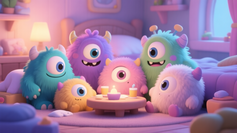 自动生成图片: A group of cute, fluffy monster characters with big expressive eyes having a tiny sleepover party in a cozy game environment, soft pastel lighting, illustrated in a charming 3D cartoon style high quality illustration, detailed, 16:9