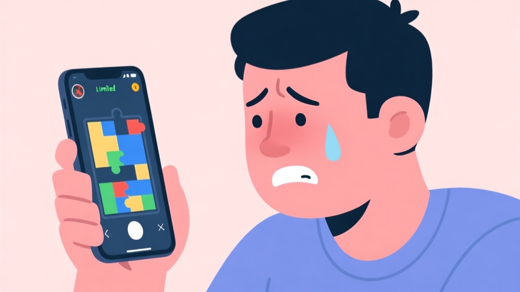 A frustrated gamer looking at a smartphone screen showing a difficult puzzle level with limited moves, soft pastel background, clean illustration style, relatable emotional expression high quality illustration, detailed, 16:9