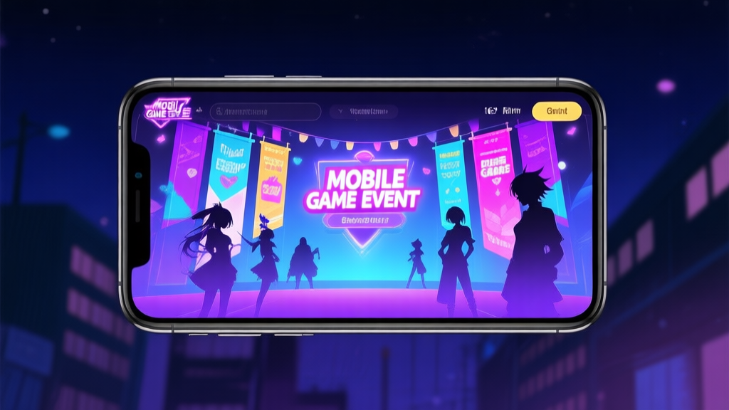 A vibrant, inviting mobile game event interface glowing on a smartphone screen at night, showing colorful event banners and character silhouettes, soft neon purple and blue color scheme, illustrated in a modern anime-inspired style high quality illustration, detailed, 16:9