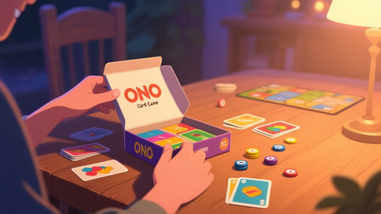 自动生成图片: A welcoming, softly lit scene of a board game night setup. Hands are gently unpacking the ONO Card Game box, revealing colorful cards and tokens on a wooden table. Warm, inviting color palette with soft shadows. high quality illustration, detailed, 16:9