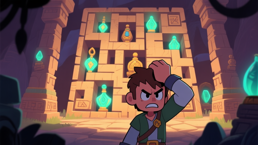 A frustrated game character scratching head in front of a complex ancient temple puzzle, with glowing artifacts hidden in shadows, cartoonish adventure game style, soft lighting high quality illustration, detailed, 16:9