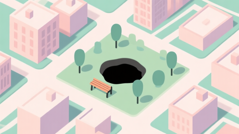 自动生成图片: A top-down minimalist view of a city map with a small black hole beginning to consume a park bench, soft pastel colors for buildings, clean lines, abstract game strategy illustration high quality illustration, detailed, 16:9