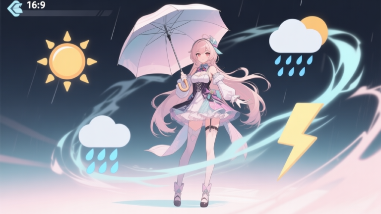 自动生成图片: An anime-style game character with a fashionable umbrella, standing confidently as weather icons like sun, rain, and lightning swirl around her in a dynamic, strategic composition, soft pastel colors, detailed costume high quality illustration, detailed, 16:9