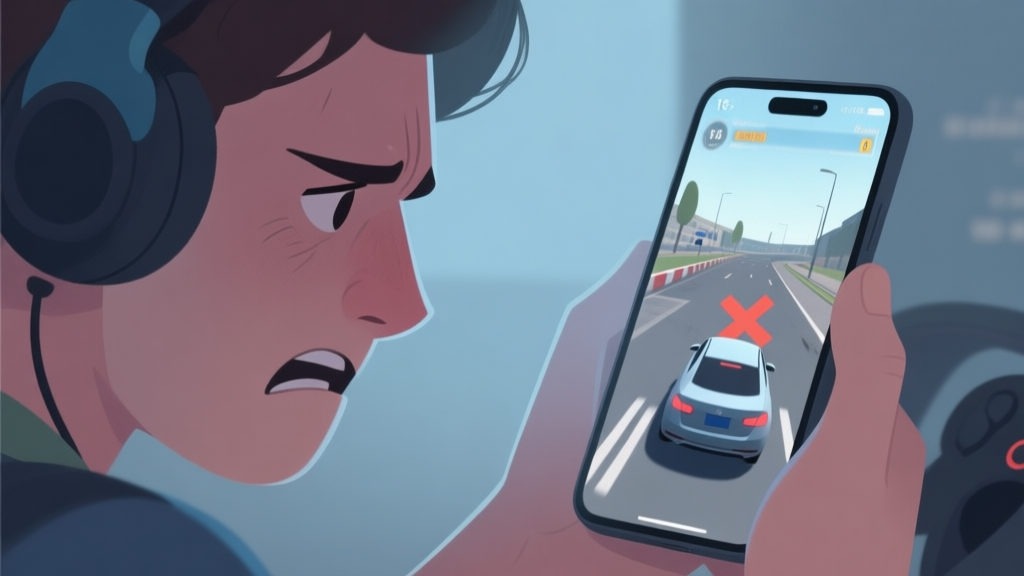 Frustrated gamer looking at a mobile phone screen showing a failed parking attempt in a driving simulator, soft lighting, muted colors of blue and grey, realistic yet gentle illustration style high quality illustration, detailed, 16:9