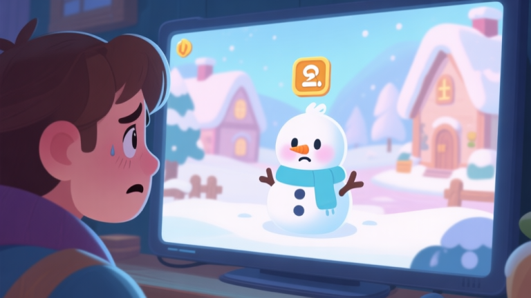 自动生成图片: A worried player looking at a game screen showing a cute snow baby character with a sick status icon above its head, winter village background, soft pastel colors, digital art style high quality illustration, detailed, 16:9