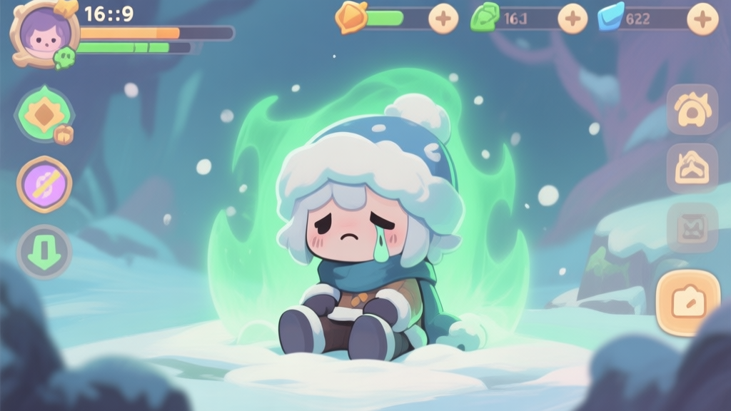 A stylized, cute video game character with winter theme looking weak and surrounded by faint, sickly green aura, sitting in a fantasy game UI interface with status icons, soft pastel colors, digital painting style high quality illustration, detailed, 16:9
