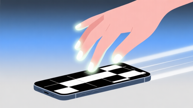 自动生成图片: A minimalist illustration of a hand with glowing fingertips hovering above a smartphone screen showing abstract black and white tiles, soft blue and gray gradient background, conveying speed and precision high quality illustration, detailed, 16:9