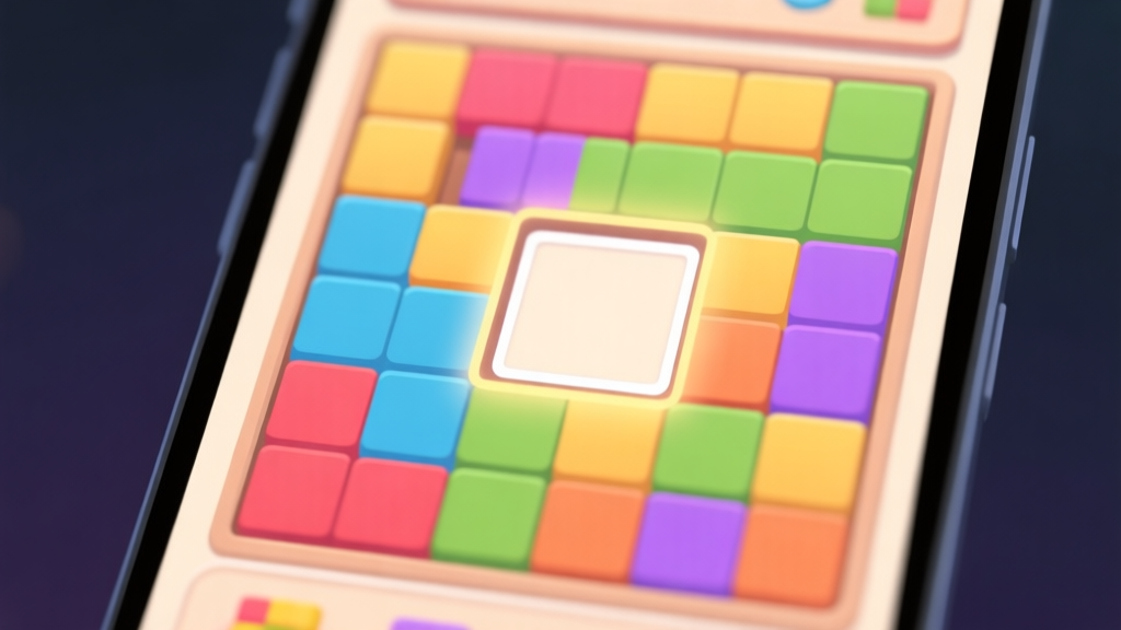 A close-up view of a colorful block puzzle game on a mobile screen, showing a nearly completed board with one glaring empty square highlighted, surrounded by mismatched blocks. Soft shadows, clean digital art style. high quality illustration, detailed, 16:9